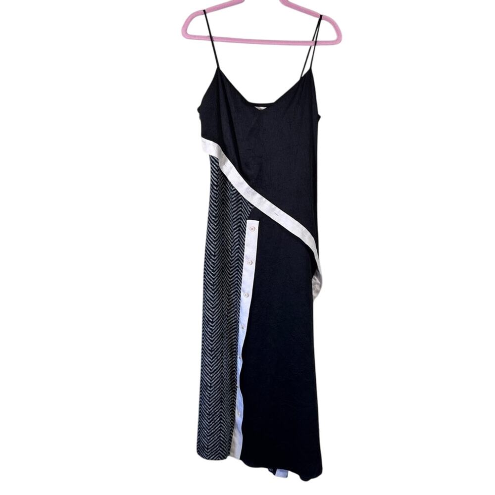 Adeam Black White Undone Sleeveless Maxi Dress Womens 4 Artsy Buttons Satin